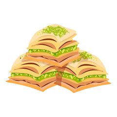 Three square pieces of baklava stacked on top of each other with pistachios, a traditional dessert from Makhrebi cuisine