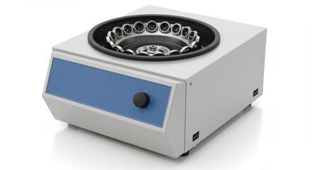 Fototapeta premium A modern, gray and blue scientific centrifuge, featuring a rotating rotor with bearings, is highlighted against a pure white background.