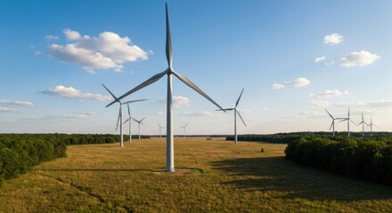 Wind turbines stand tall in a golden field