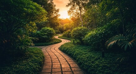 Winding brick path through lush green gardens at sunset