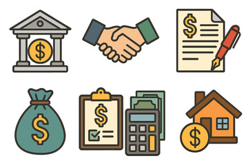 Finance and banking icons set. Loan, investment, mortgage concepts. Flat design elements for business deals, financial services, and money management. Vector cartoon illustration.