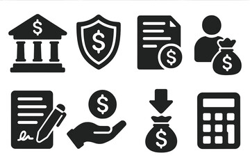 Banking and finance icon set. Loan, investment, savings symbols. Vector glyph collection for money, credit, deposit, insurance, payment, contract and budget concepts.