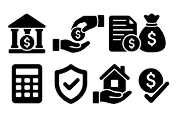 Banking and finance icon set. Loan, credit, and mortgage symbols. Investment, payment, and transaction pictograms. Money, savings, insurance, and security concepts vector.