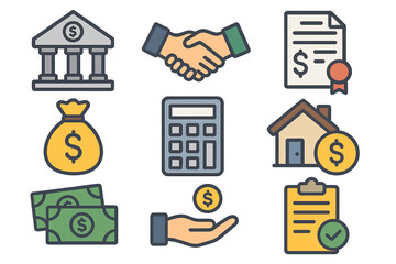 Banking loans icon set. Flat design financial elements. Vector cartoon illustration of finance, money, investment, mortgage, credit, contract, savings, deal, and payment.