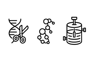 Biotechnology linear icons. Gene editing, DNA modification, CRISPR concept. Protein and amino acid molecule structure. Bioreactor, fermenter for cell cultivation. Science vector set.