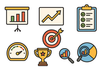 Business KPI dashboard icons for data visualization and performance tracking. Vector cartoon illustration set for metrics, analytics report, goal, success, and growth analysis.