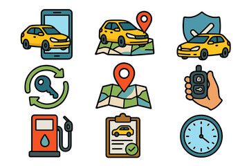 Car rental services icon set. Vector collection for carsharing business. Symbols for mobility, navigation, online booking app, gps, security, insurance, fuel, and location.