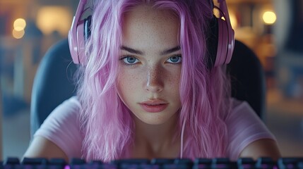 Focused gamer girl in headphones, modern gaming room