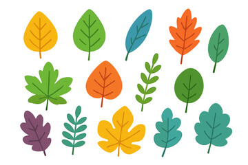 Colorful leaf collection vector illustration. Set of simple flat cartoon leaves for seasonal design. Autumn fall and spring summer foliage icons. Botanical nature element pack.