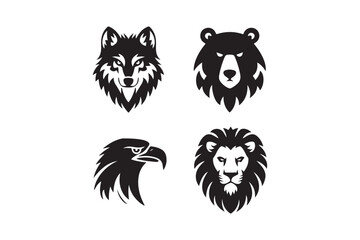 Four majestic animal head silhouettes wolf bear eagle lion