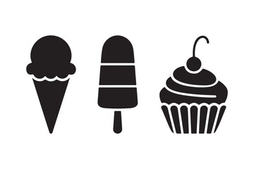 Black silhouette icons of ice cream cone popsicle and cupcake