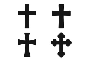 Christian cross symbol silhouette set. Vector icons of various religious crucifix shapes. Catholic and orthodox faith signs. Holy spirituality concept for church design elements.