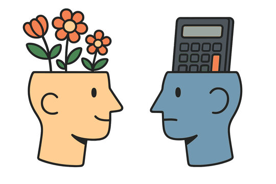 Creative mind vs logical mind. Metaphor for left and right brain comparison. Two heads silhouette with flowers for nature and emotion vs a calculator for analytical thinking.