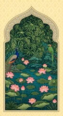Lush Garden Scene with Peacock and Parrot Through Ornate Archway Illustration Art Print