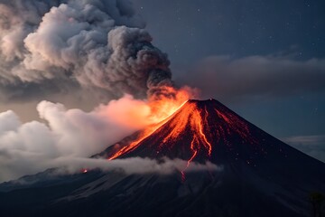 Volcanic Eruption at Night Fiery Lava and Dark Smoke