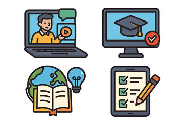 Online education concept icons. E-learning vector set with webinar, virtual classroom, digital graduation, online test, and global knowledge. Cartoon study symbols.