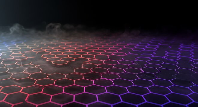 Futuristic Hexagon Grid with Neon Pink and Purple Lighting on Dark Background - Powered by Adobe