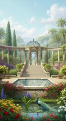 Lush Garden with Pavilion Pond and Peacock  Romantic Landscape for Travel and Design