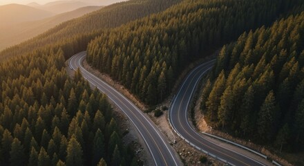 Winding road through a dense forest at sunset. High-angle view of a two-lane highway snaking through a coniferous forest, bathed in warm golden light