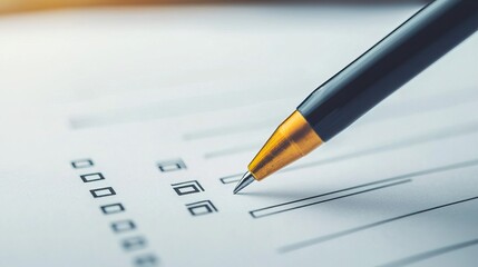Overhead shot of a financial risk assessment form, open, checkboxes, careful evaluation, 