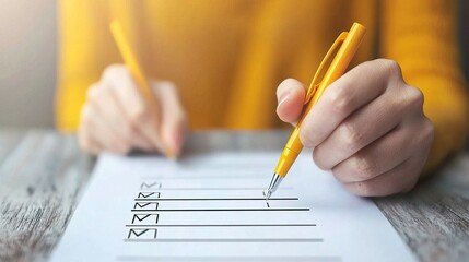 Overhead shot of a financial risk assessment form, open, checkboxes, careful evaluation 