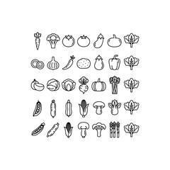 Collection of black and white line art icons of various vegetables and produce food healthy