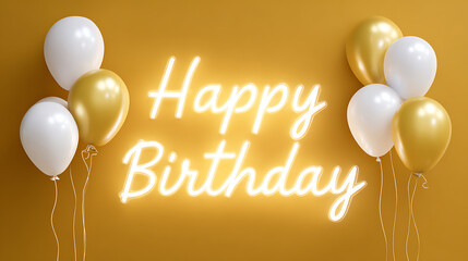 Happy Birthday" text with balloons on a yellow background, 3D rendering, perfect for festive, celebration, and party designs.