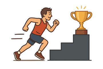 Runner making progress towards trophy symbolizing achievement and success in competition, athlete striving for victory, sports motivation, cartoon vector illustration with transparent background