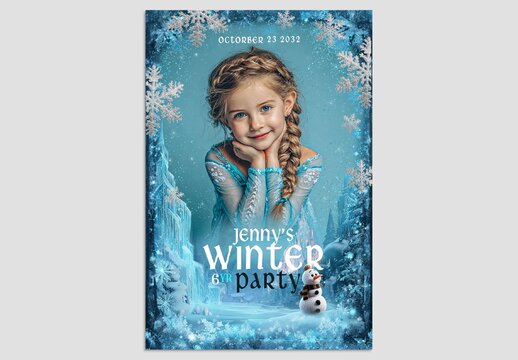 Frozen Birthday Party Invitation Flyer Template with Snowflake Overlays & Winter Frost Border Mockup
