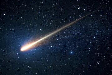 Bright Comet Streaking Across Starry Night Sky