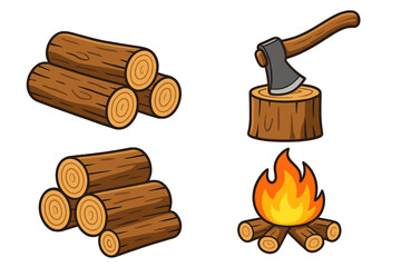 Wood logs and axe with campfire illustration. Outdoor woodworking essentials, firewood pile, chopping wood, camping fire, rustic woodcutting tools, vector cartoon set.