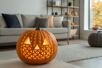 Intricately Carved Illuminated Pumpkin on Modern Living Room Rug