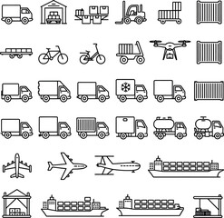 Collection of black and white line art icons for logistics and transportation delivery shipping
