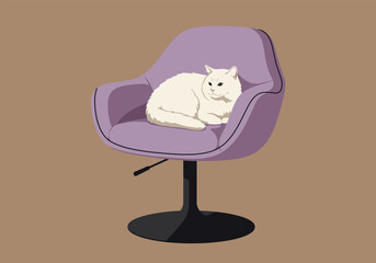 A serene white cat is curled up comfortably on a stylish purple chair, its soft fur contrasting with the chairs smooth surface, creating a cozy and inviting scene of relaxation and peace
