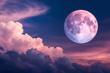 Pink Full Moon Night Sky with Clouds