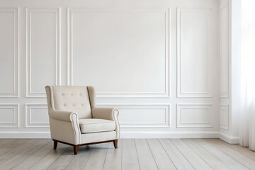 Beige Armchair in a White Room with Paneled Walls
