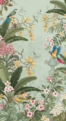 Lush Tropical Garden with Birds Watercolor Illustration Elegant Floral Pattern Design