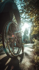 Naklejka premium Parent using a wheelchair is pausing on a sunlit path surrounded by trees, enjoying nature and reflecting on life, showcasing resilience and determination in the outdoors