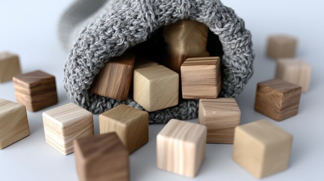 Wooden cubes in various shades spill from a cozy bag on a soft surface, creating a playful and inviting atmosphere for creative activities.