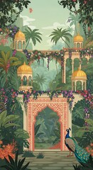 Lush Tropical Garden with Indian Archway and Peacock Exotic Paradise Illustration