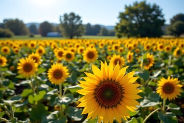 Sunflower during seasonal harvest in traditional facility, subject at bottom, ample copy space at top, under sunlit sparkle, natural oil production, clear positioning for photo.