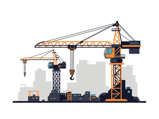Illustration of Construction Cranes Against Cityscape in transparent Background Vector