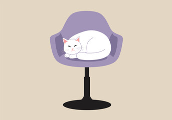 A tranquil white cat is peacefully asleep on a chic purple chair, its soft fur creating a soothing contrast against the chairs sleek design, evoking a sense of calm
