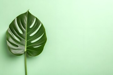 Single Lush Green Monstera Leaf on Pale Green Background