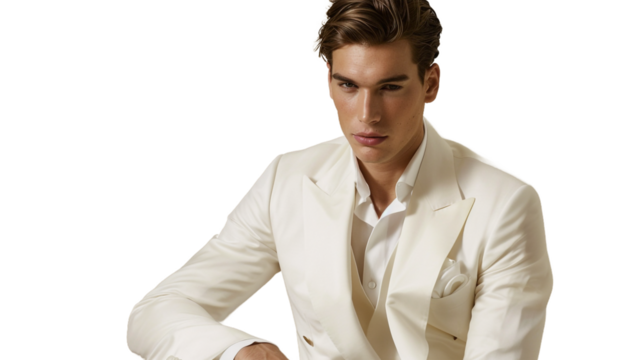 Stylish Man in White Suit Poses Elegantly Against a Neutral Backdrop