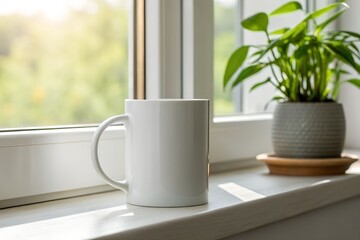 White Mug on Windowsill with Plant