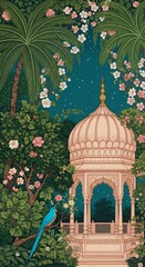 Lush Tropical Garden with Pavilion and Blue Bird Indian Mughal Art Style Illustration