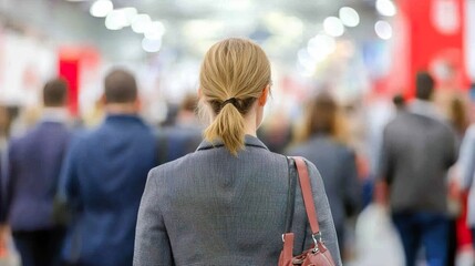 People at a financial expo, looking at booths, learning about options, active engagement, 
