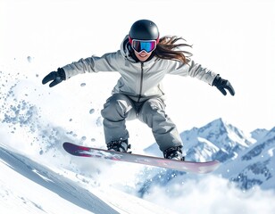 Snowboarder soaring through mountain: An exhilarating display of athleticism as a snowboarder carves through pristine snow, executing a dynamic aerial maneuver against a backdrop of majestic peaks.