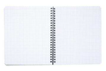Open spiral notebook with squared paper on transparent background